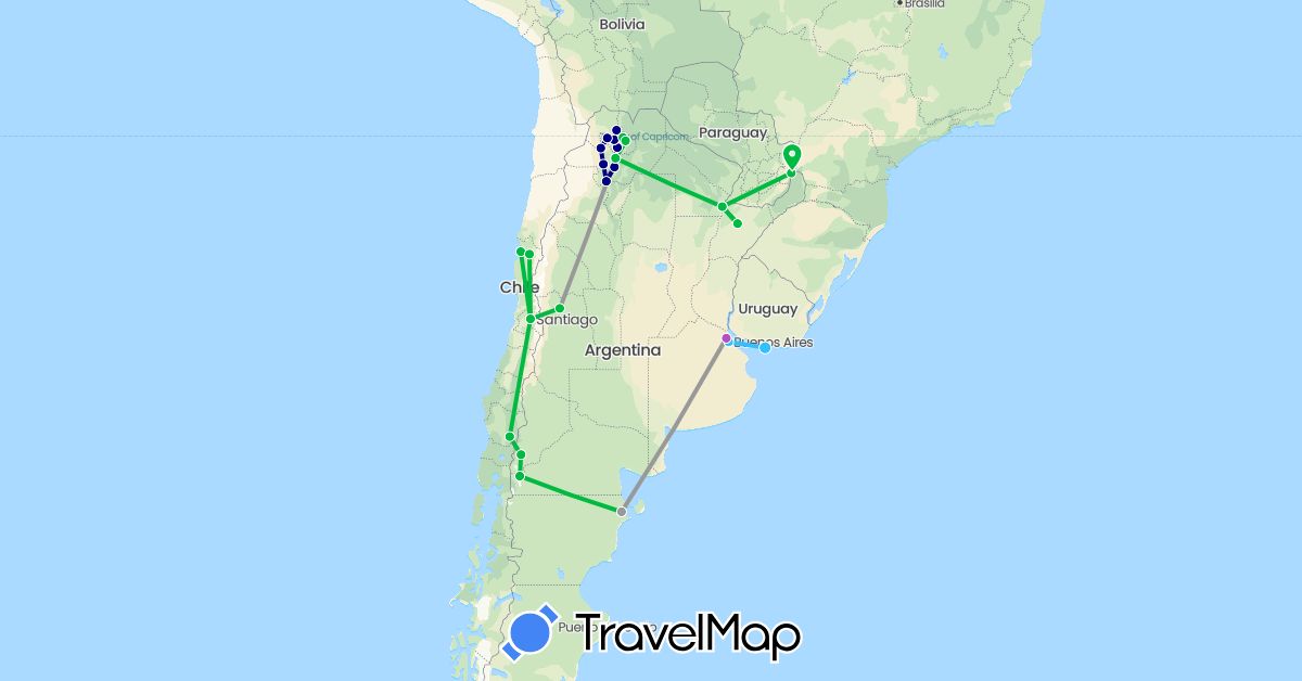 TravelMap itinerary: driving, bus, plane, train, boat in Argentina, Brazil, Chile, Uruguay (South America)
