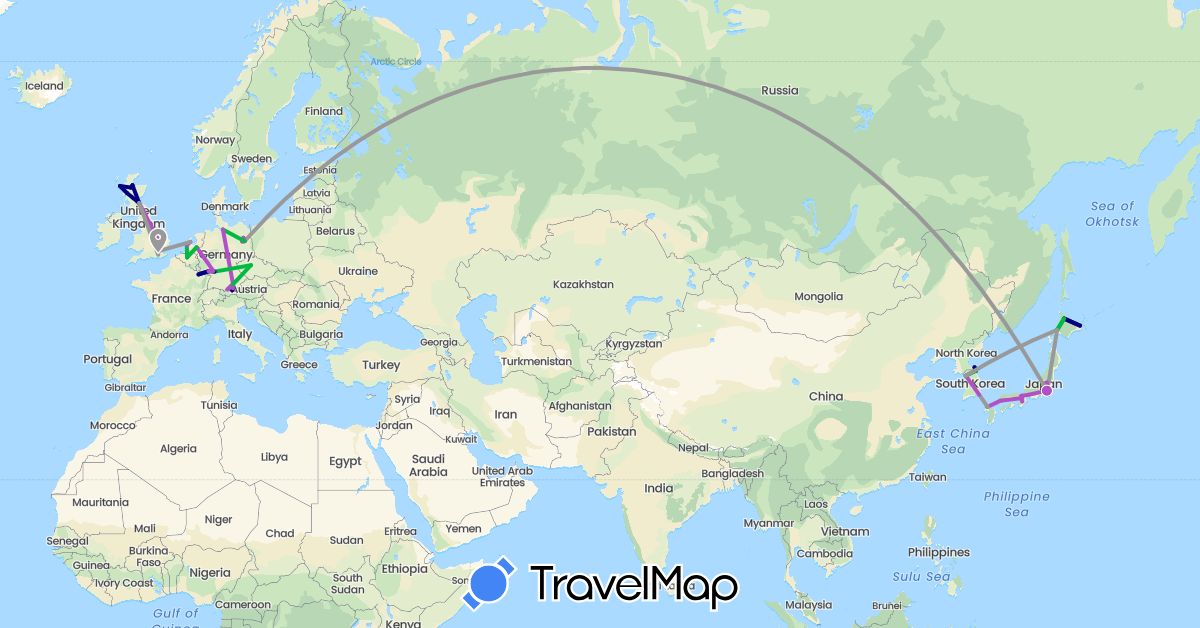 TravelMap itinerary: driving, bus, plane, cycling, train in Austria, Belgium, Czech Republic, Germany, France, United Kingdom, Japan, South Korea, Netherlands (Asia, Europe)